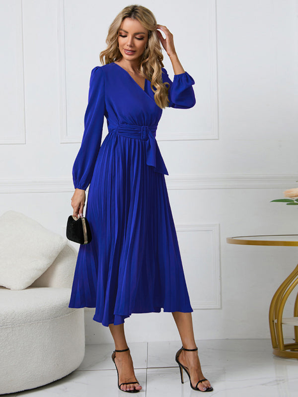 Long Sleeve Slim Pleated Belt V-Neck Dress A-Line Skirt