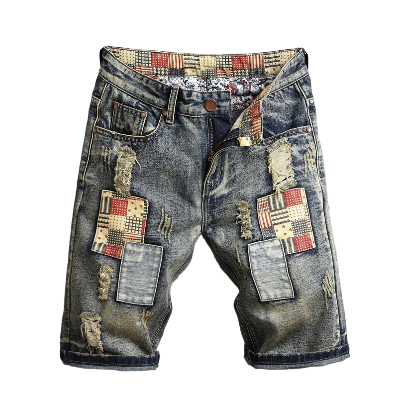 🔥 Men’s Ripped Denim Shorts – Patchwork Design for Street Style Edge 👖✨