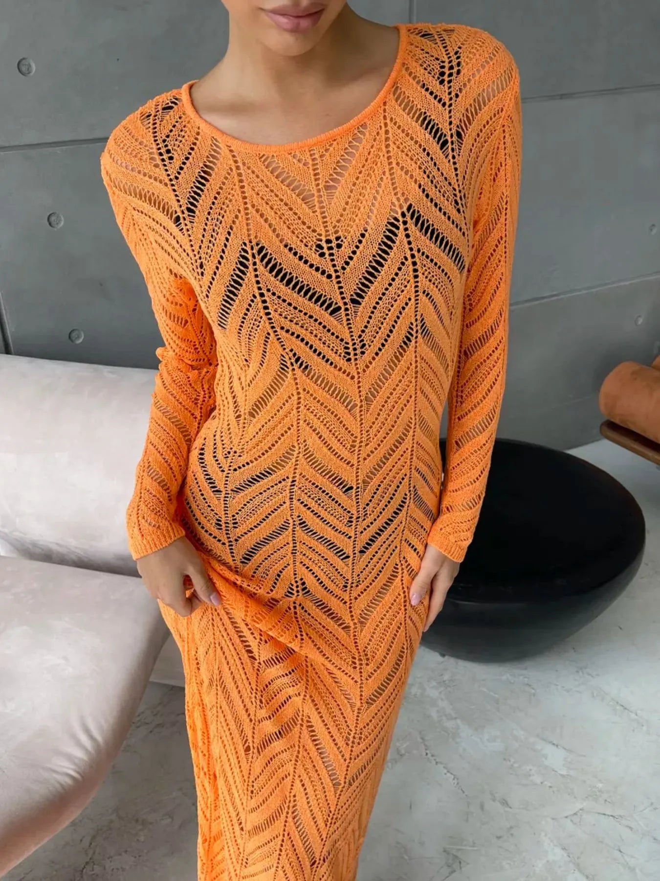 Openwork Long Sleeve Knit Cover Up Dress