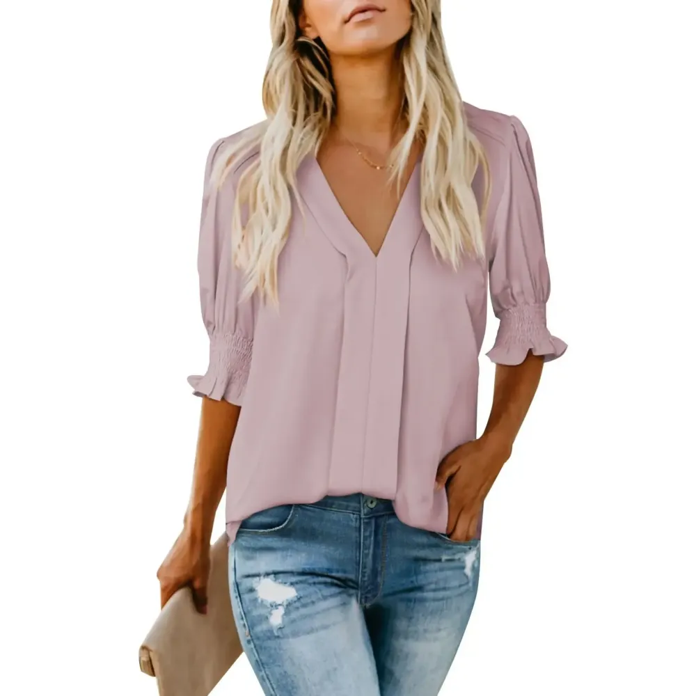 Womens Graphic Solid V Neck T Shirts Tops Casual Ruffle Short Sleeve Blouses Boho Floral