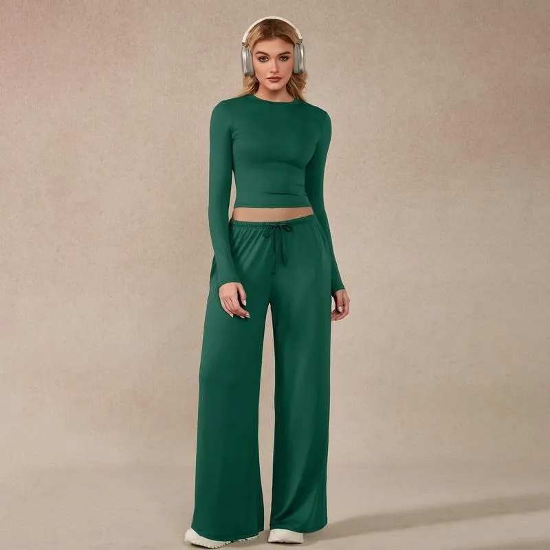 Women's 2-Piece Activewear Set Long-Sleeve Crop Top & Wide-Leg Pants Stretchy Fabric