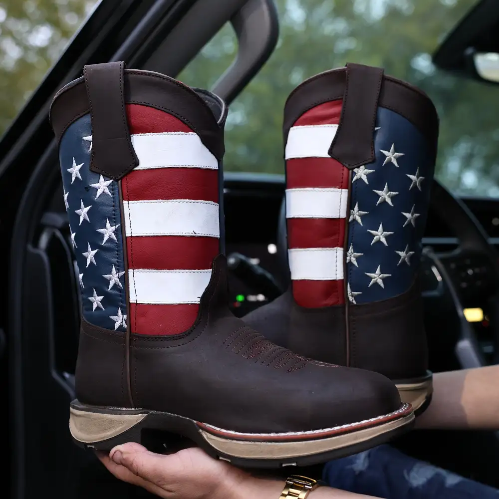 Brown USA Flag Leather Work Boots - Composite Toe