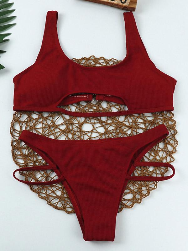 Solid Color Hollow Vest Style Split Bikini Swimsuit