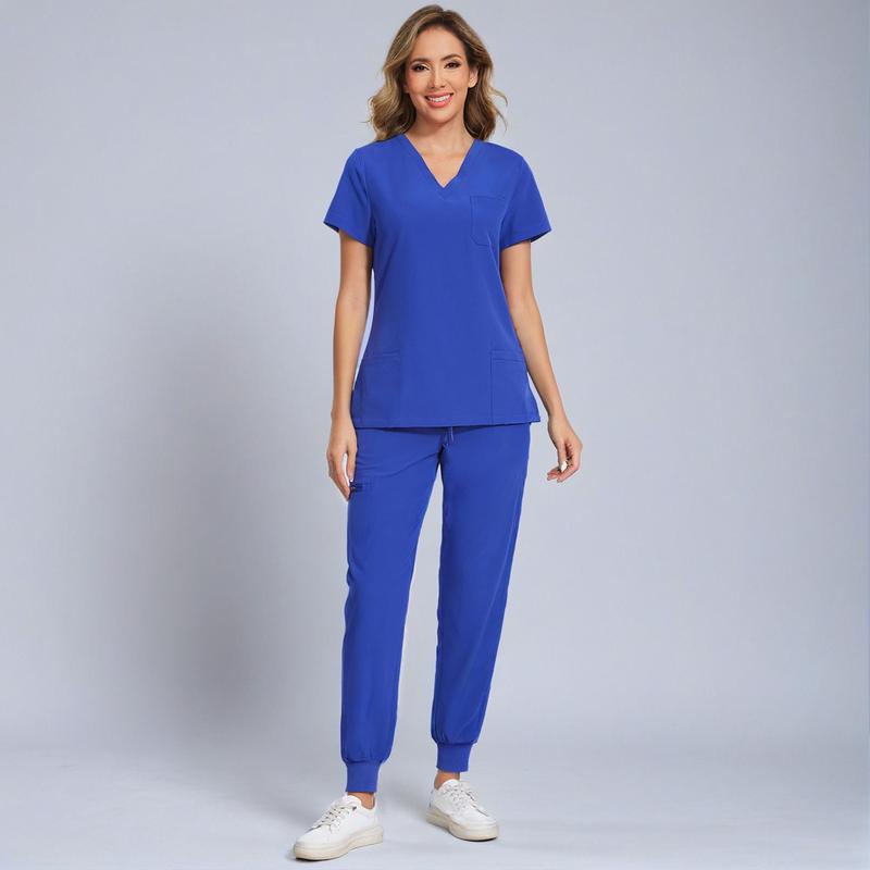 Women’s Stretch V-Neck Scrub Set (Top + Jogger Pants) – 8 Pocket Utility Uniform