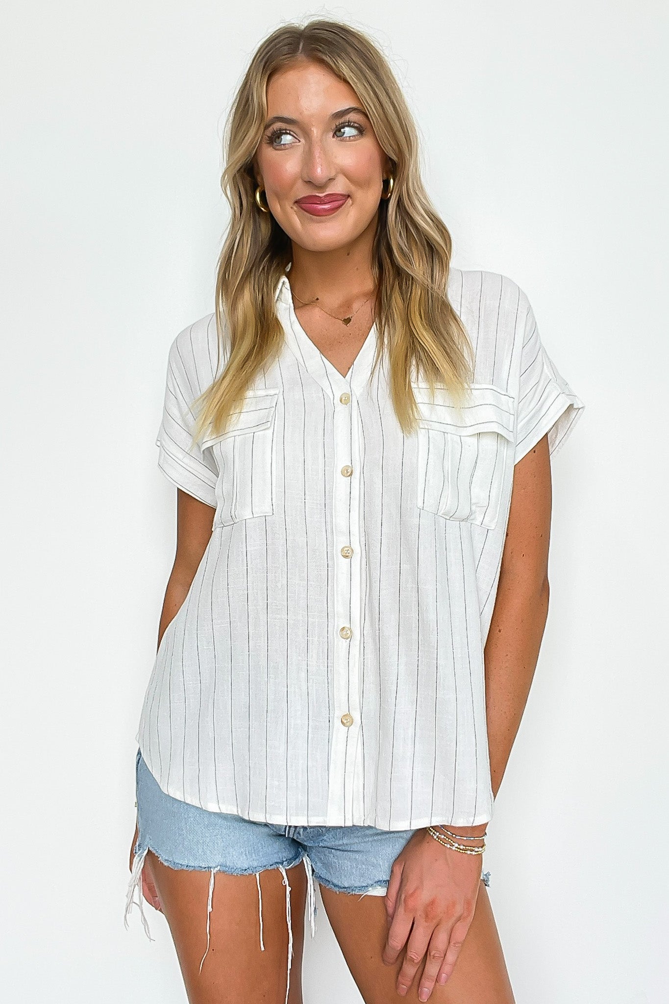 Pinstripe Dolman V-Neck Top