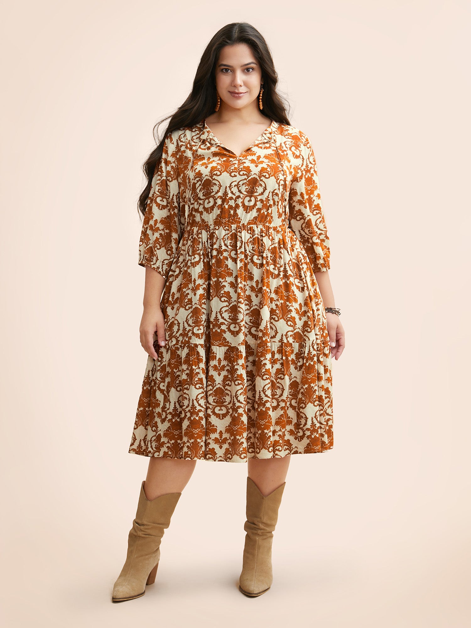 Damask Print Tie Knot Puff Sleeve Dress