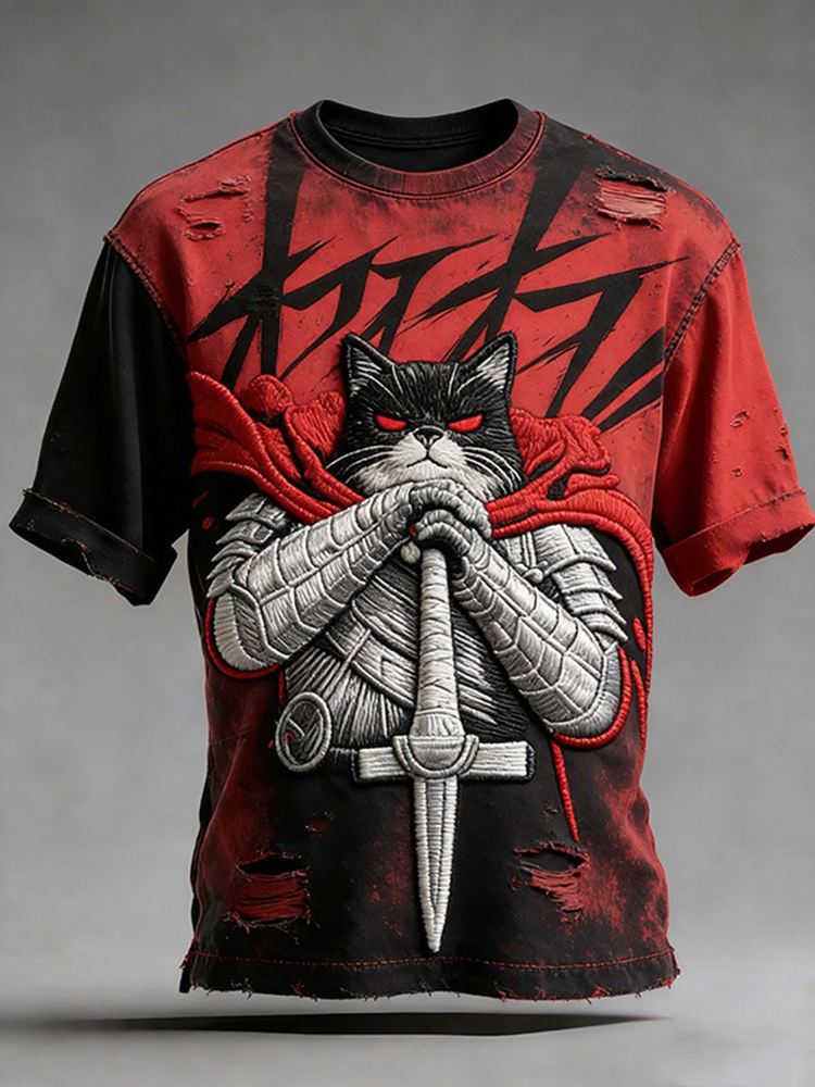 Men's Japanese Cat Warrior Art Print T-shirt
