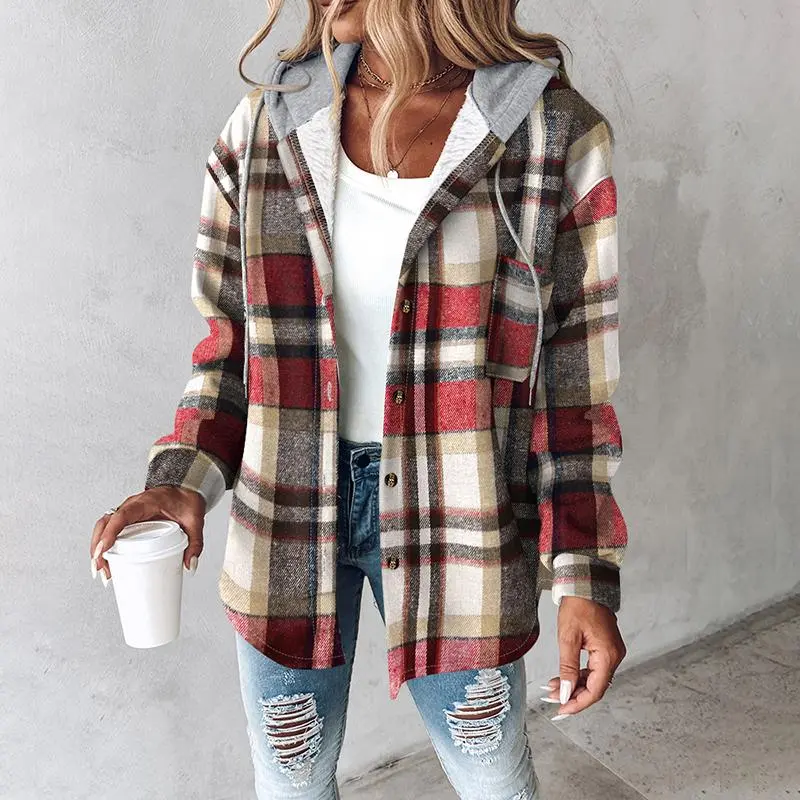 Women's Plaid Pattern Shacket  Hooded Jackets