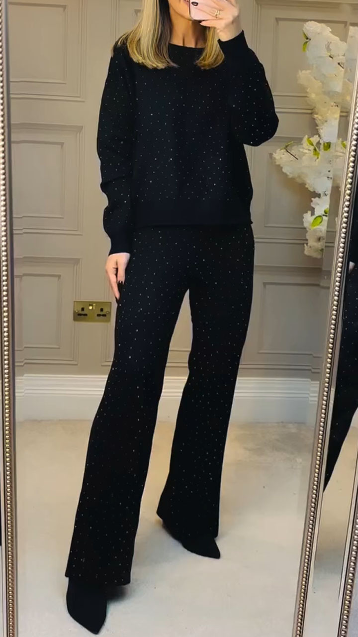 Women Round Neck Rhinestone Solid Color Casual Set