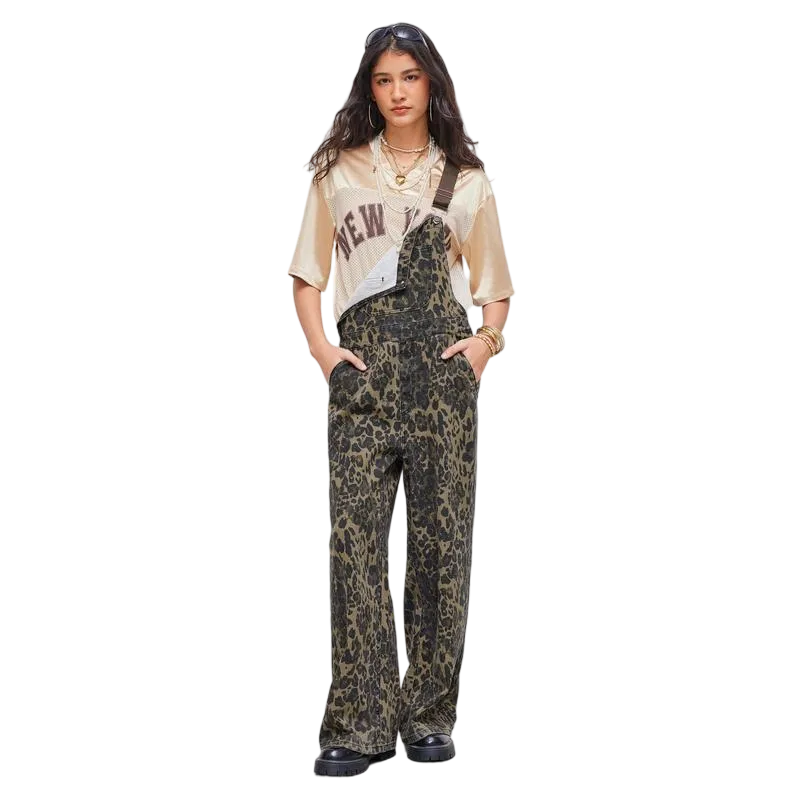Women's Leopard Buckle Oversized Denim Wide Leg Jumpsuit
