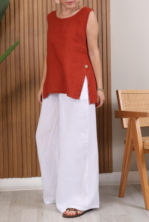 Women's Button-down Slit Linen Top