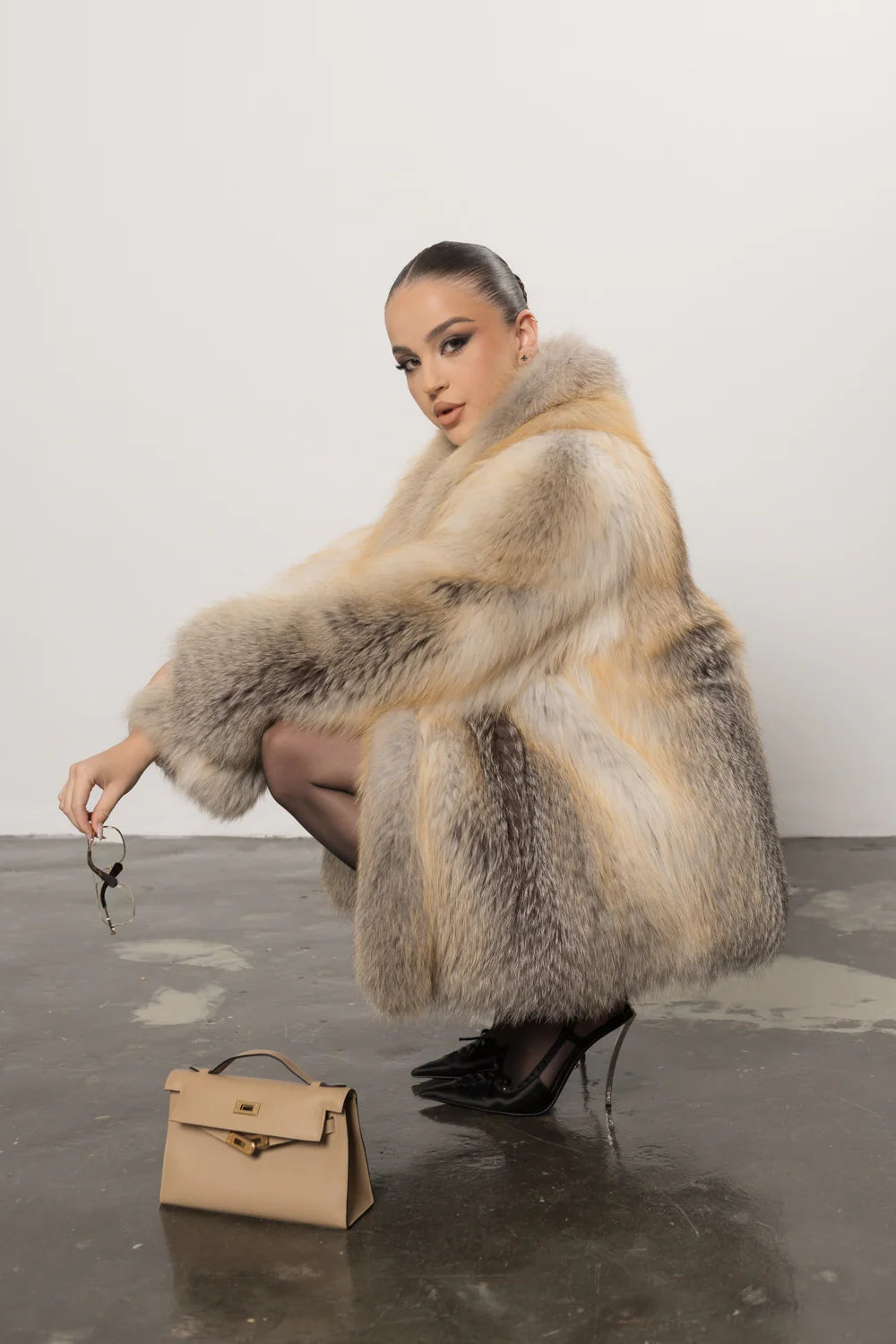 Haină din Blană Naturală de Vulpe, cu Guler Rever Șal, Femei, Golden Fox 436