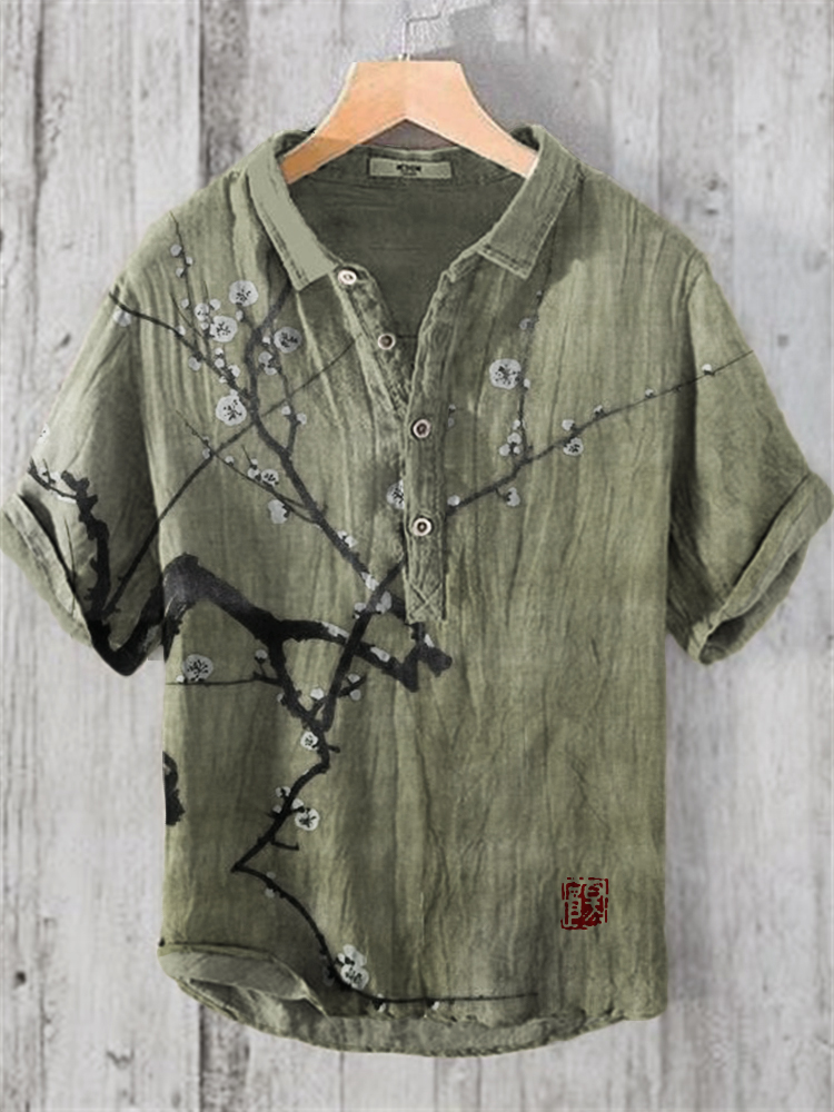 Plum Blossom Japanese Art Linen Blend Shirt