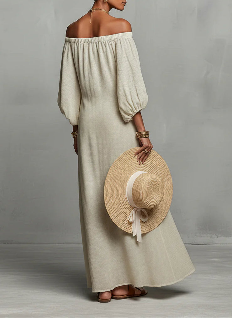 Minimalist Off-the-shoulder Three-quarter Sleeve Embroidered Maxi Dress