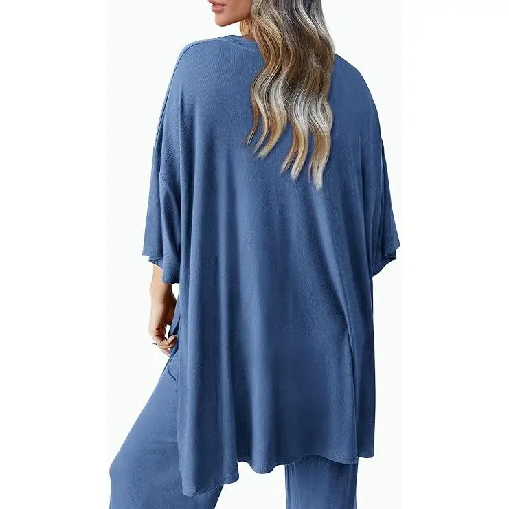 Women's 2-Piece Outfits Short Sleeve Pullover Tops Split Hem Wide Leg Pants Lounge Sets