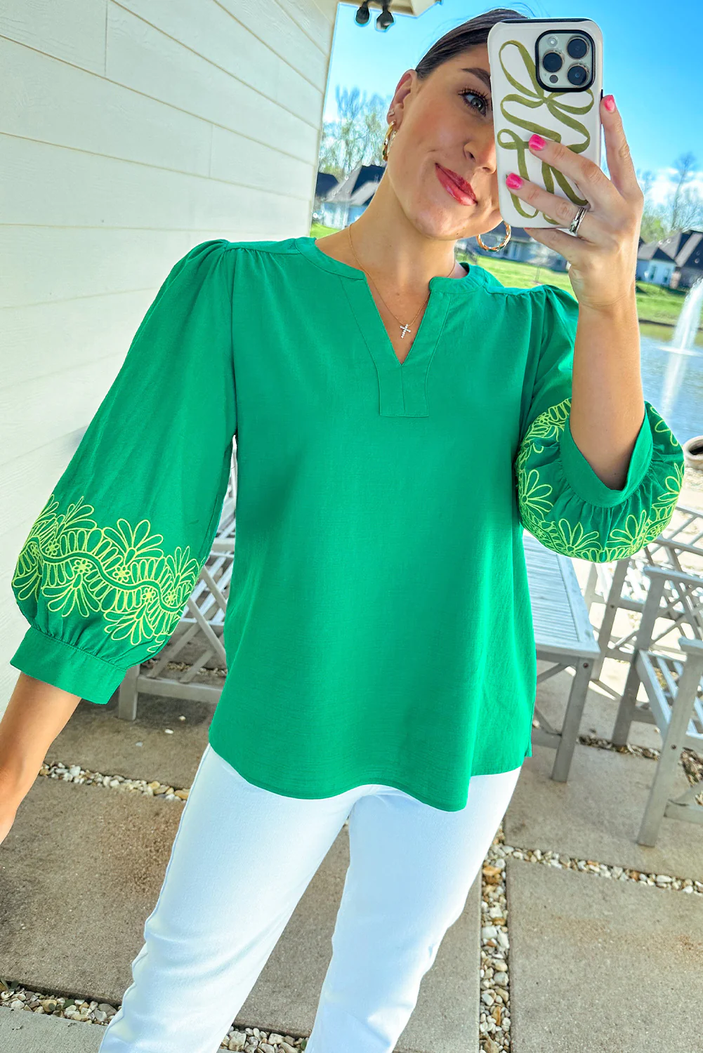 Contrast Floral Embroidered 3/4 Sleeve Notched V Neck Elegant Blouse
