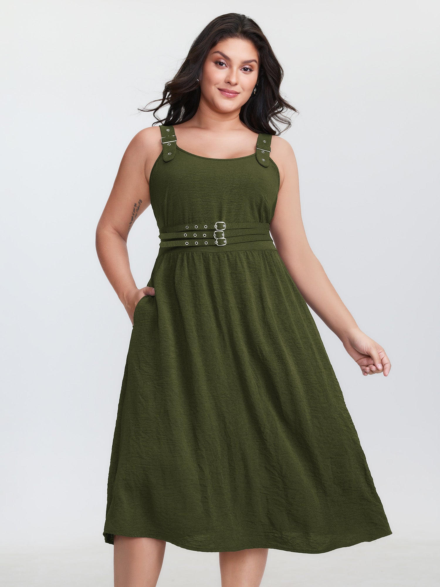 Wide Straps Belted Buckle Detail Midi Dress