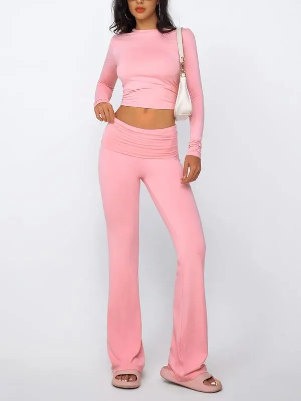 Casual Longsleeves Crop Tee & Fold Over Waist Flare Leg Pants Set