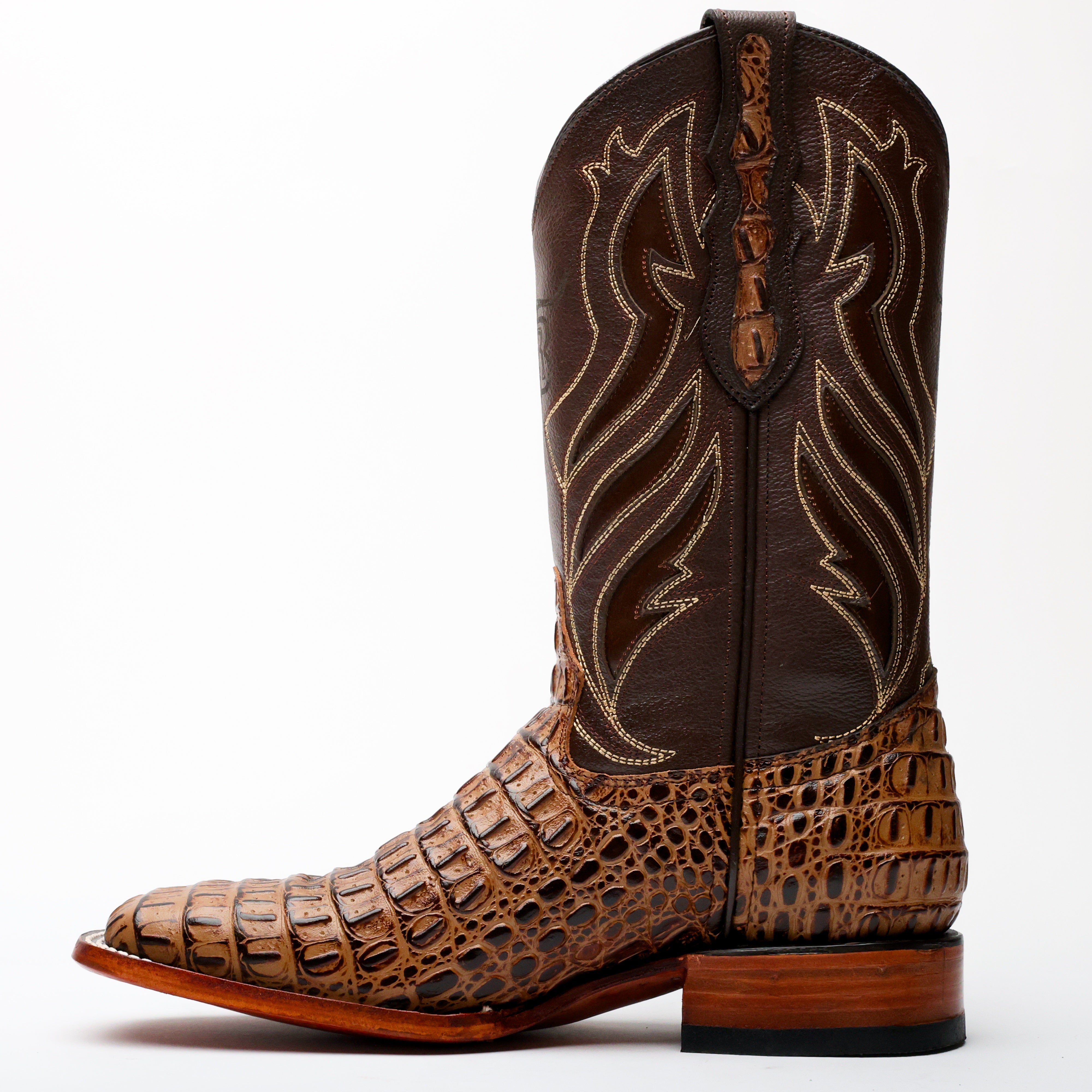 Honey Caiman Hornback Leather Boots - Square Toe