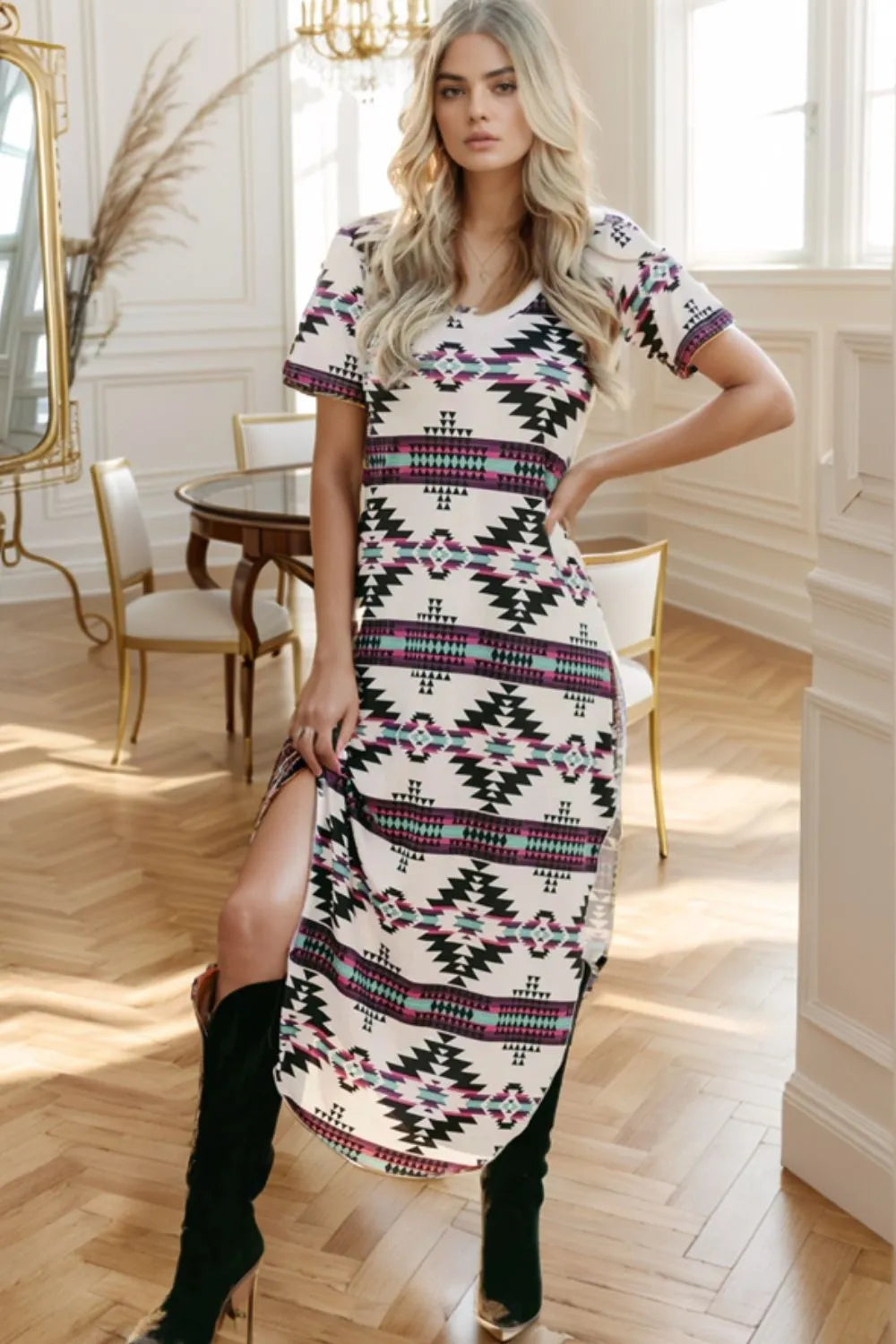 Aztec Print V-Neck Midi Dress