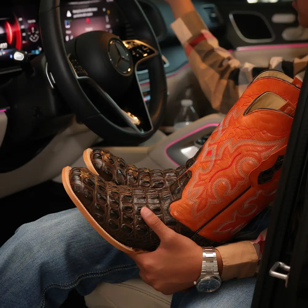 Chocolate Brown Caimán Back Leather Boots — Square Toe