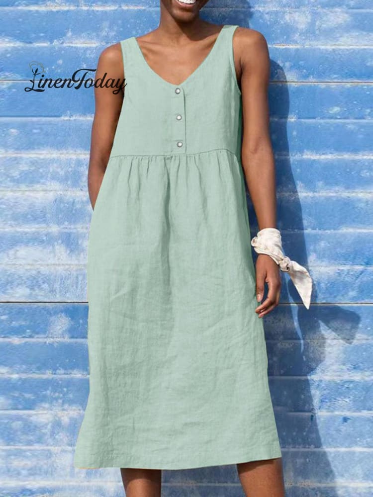 Women's Solid Color Loose Elegant Casual Cotton And Linen Sleeveless Dress