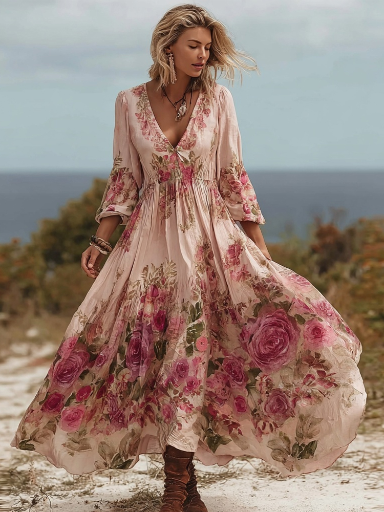 Vintage Boho Roses Print V Neck Long Sleeve Flowy Maxi Dress