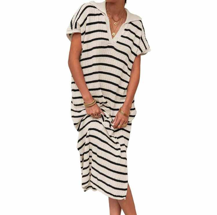 Women's Striped Summer Dress – V-Neck Short Sleeve Knit Collar Loose Maxi Dress with Slit