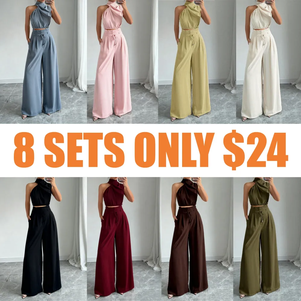 Women's Solid Color Crop Tank Top & Wide Leg Pants Two-piece Set