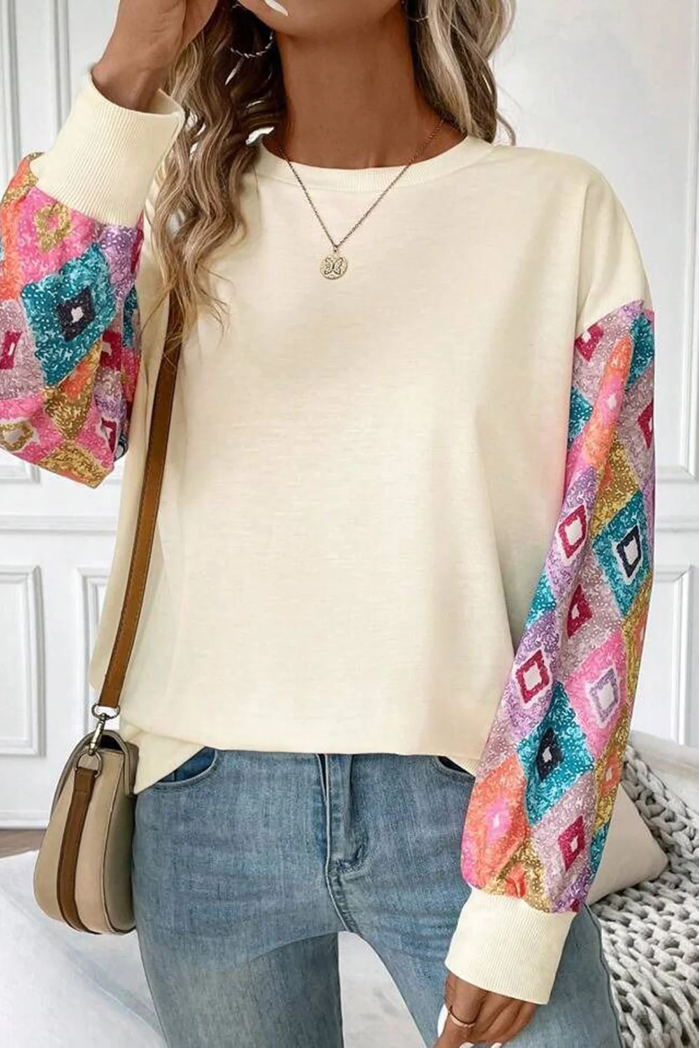 Geometric Printed Patchwork Long Sleeve Round Neck Top