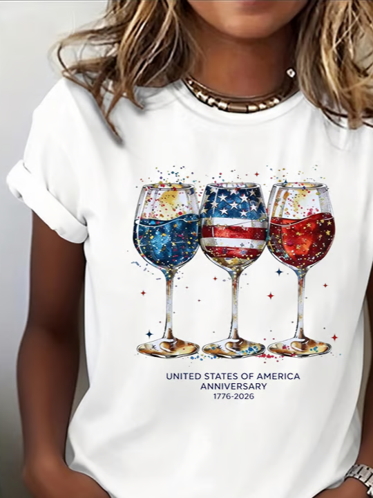 Women's Short Sleeve T-shirt Summer White Independence Day (Flag) Printing Jersey Crew Neck Daily Going Out Casual Top