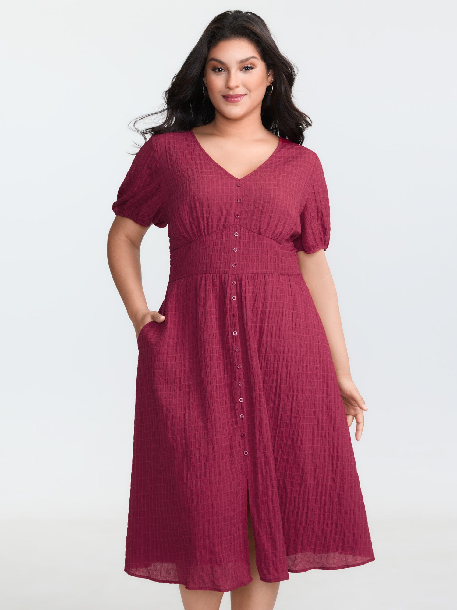 Textured Shirred Cinched-Waist Midi Dress