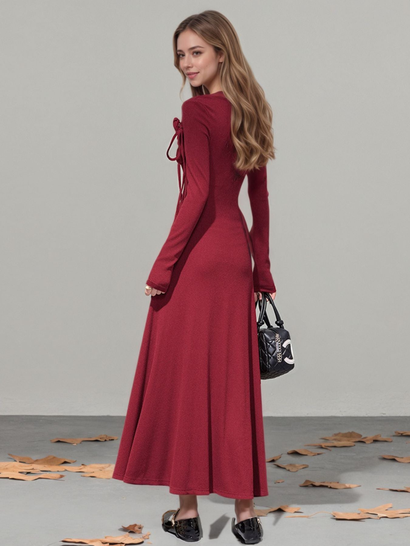 Flower Asymmetrical Neckline Long Sleeve Dress