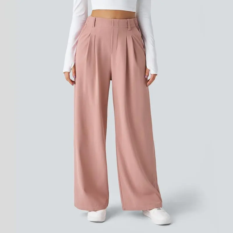High Waisted Plicated Side Pocket Wide Waffle Work Pants