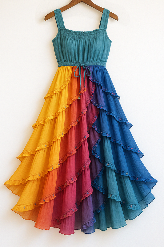 Contrast Rainbow Ruffle Chiffon Dress 56b1