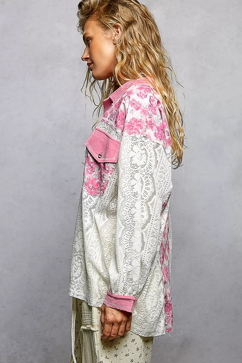 POL Floral Print Long Sleeve Lace Shirt with Front Pocket