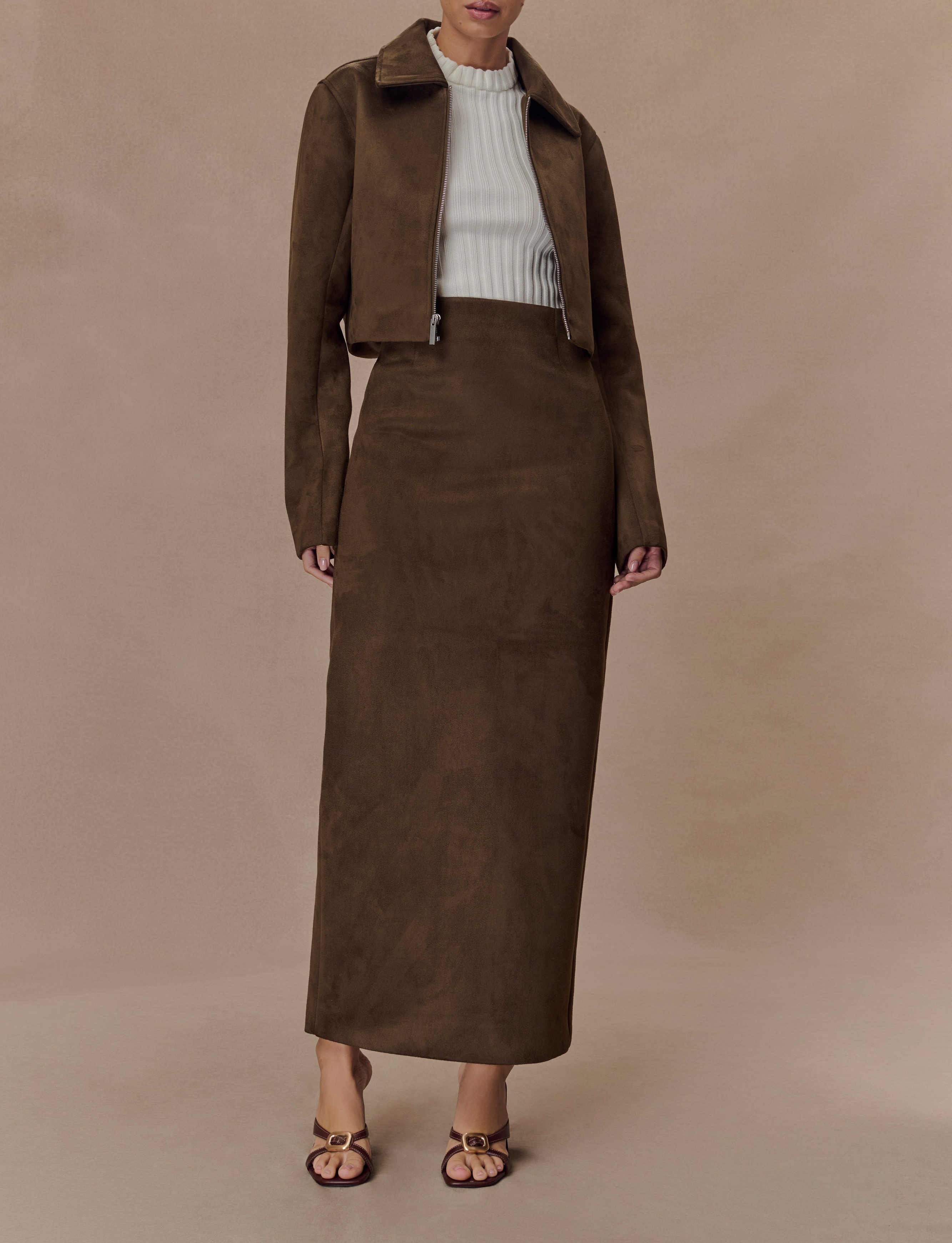 Chocolate Faux Suede Midi Skirt