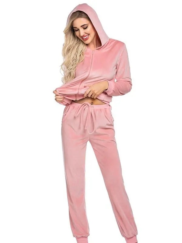 Women's Casual Velour Tracksuit Set Full Zipper Hoodie