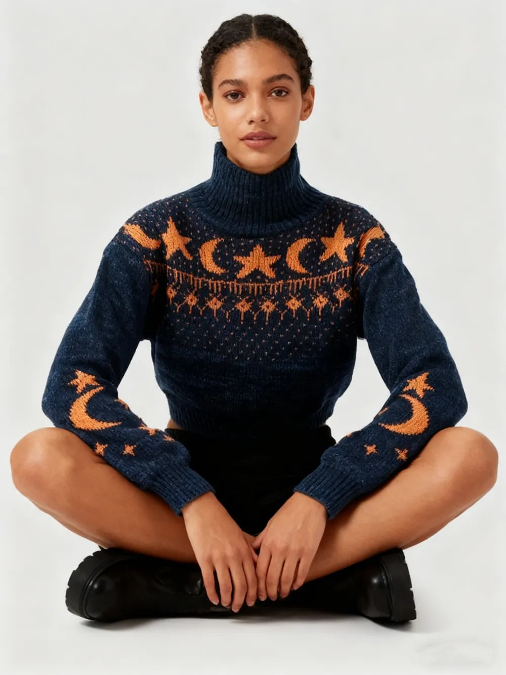 Women's Moon & Star Pattern High Neck Sweater