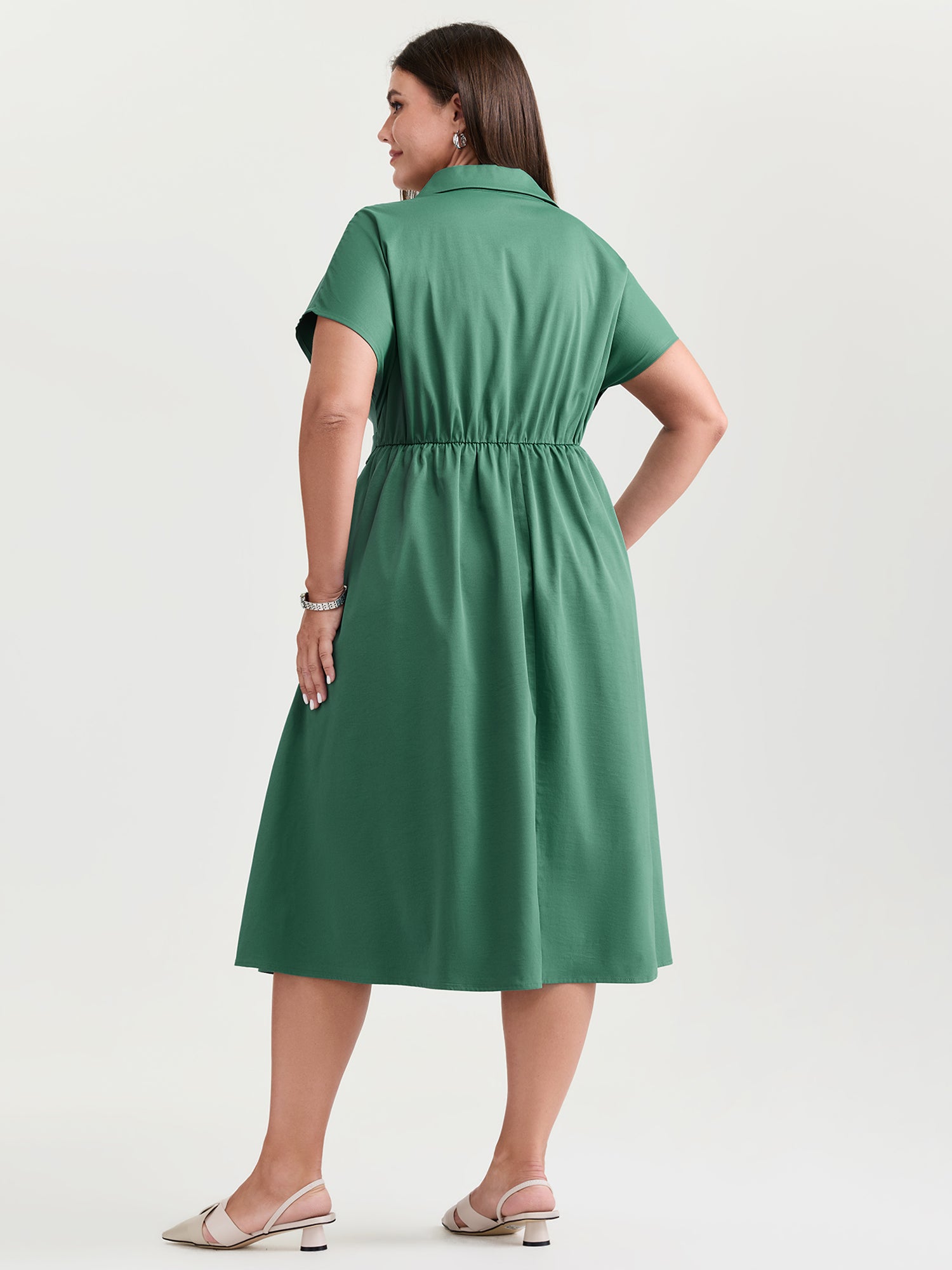 Shirt Collar Decorative Waistline Midi Dress