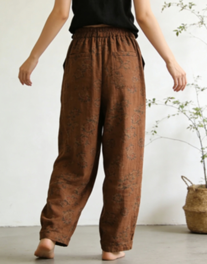 Retro Brown Printed Linen Pull-On Pants
