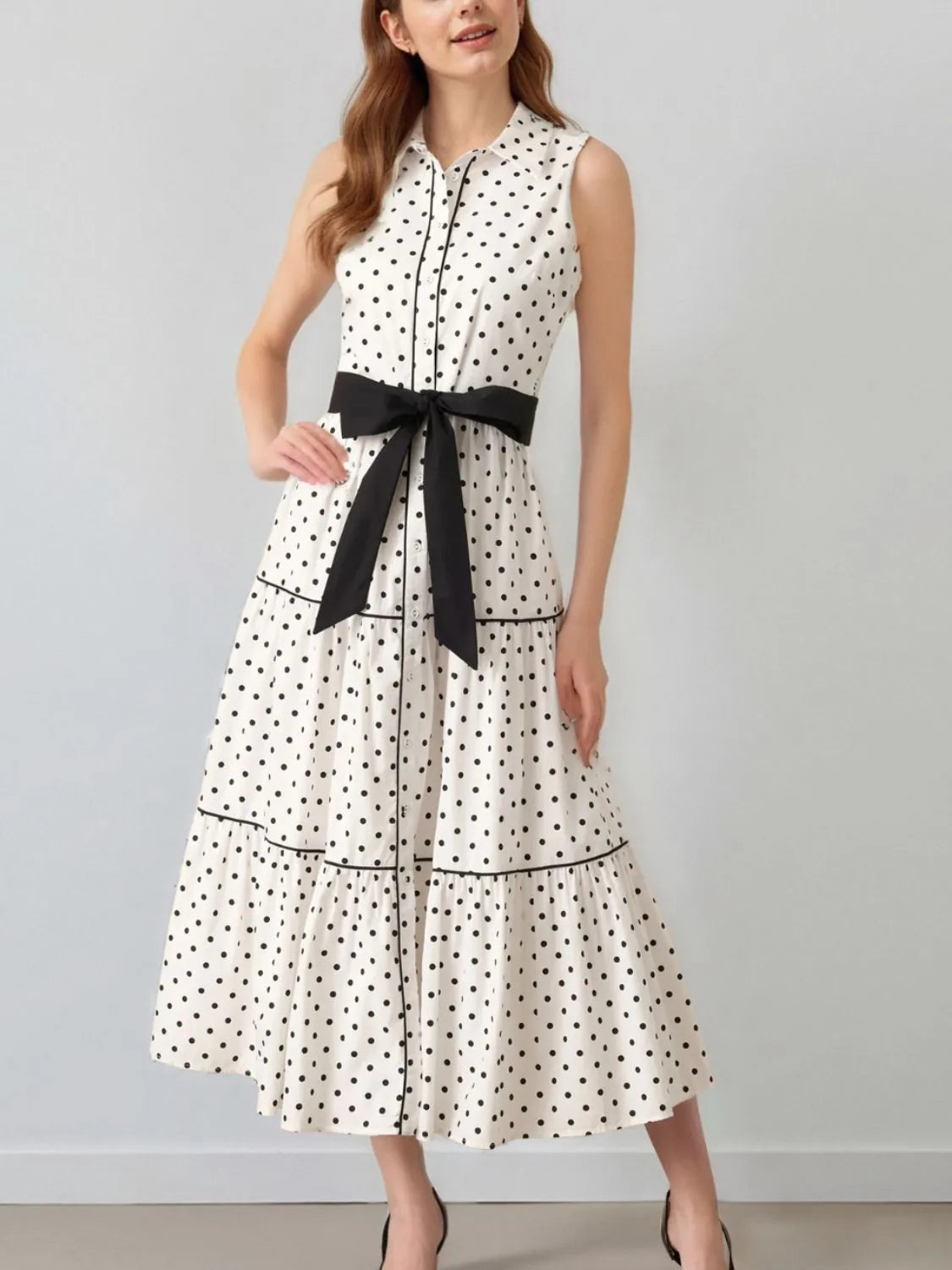 Polka Dot Sleeveless Midi Shirt Dress
