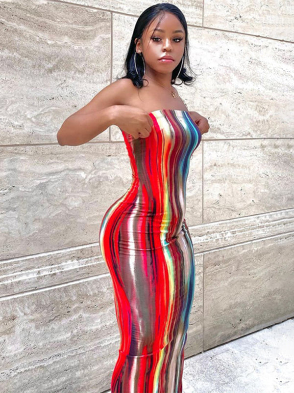 Tie-Dye Off-Shoulder Tube Top Bodycon Maxi Dress