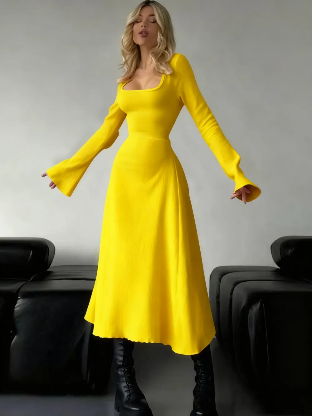 Women's Plain Lace Up Tie Back Flounce Sleeve Dress