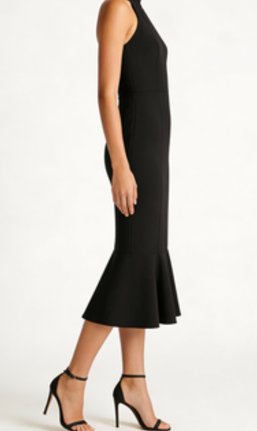 Chic Halter Neckline: Crepe Midi Dress with Flattering Fit & Flare Silhouette