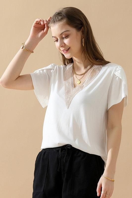 Gold Lace V Neck Ruffle Short Sleeve Top