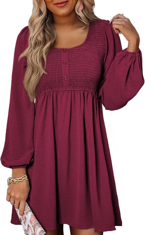 Casual Gathered Crew Neck Button-Down Long Sleeve High-Waisted A-Line Mini Dress