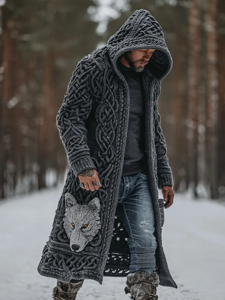 Men's Viking Style Celtic Knot Wolf Head Mid-length Cardigan