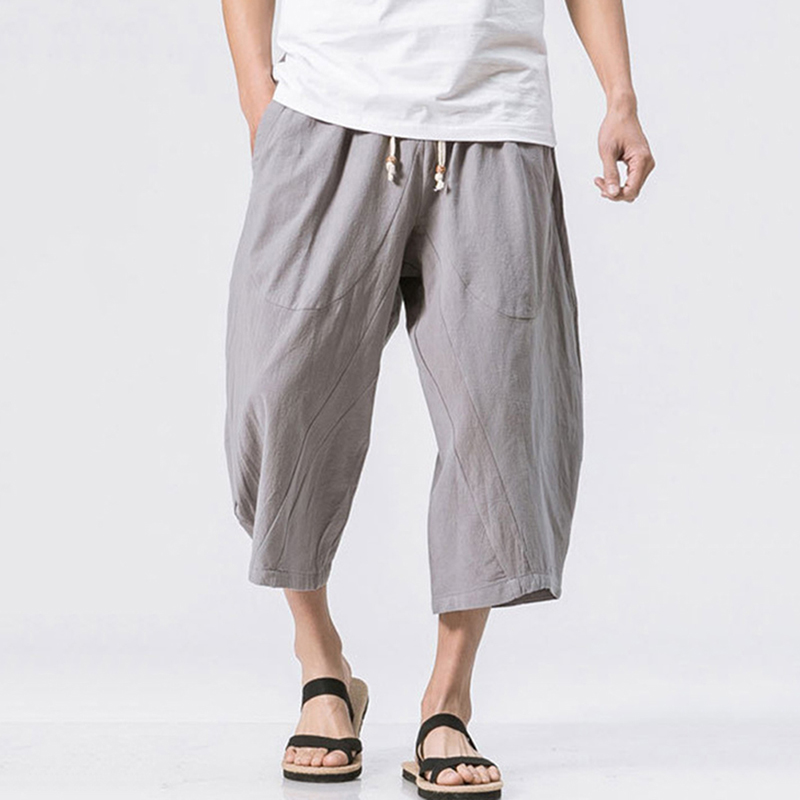 Men's Vintage Japanese Pocket Cotton Linen Casual Capri Pants