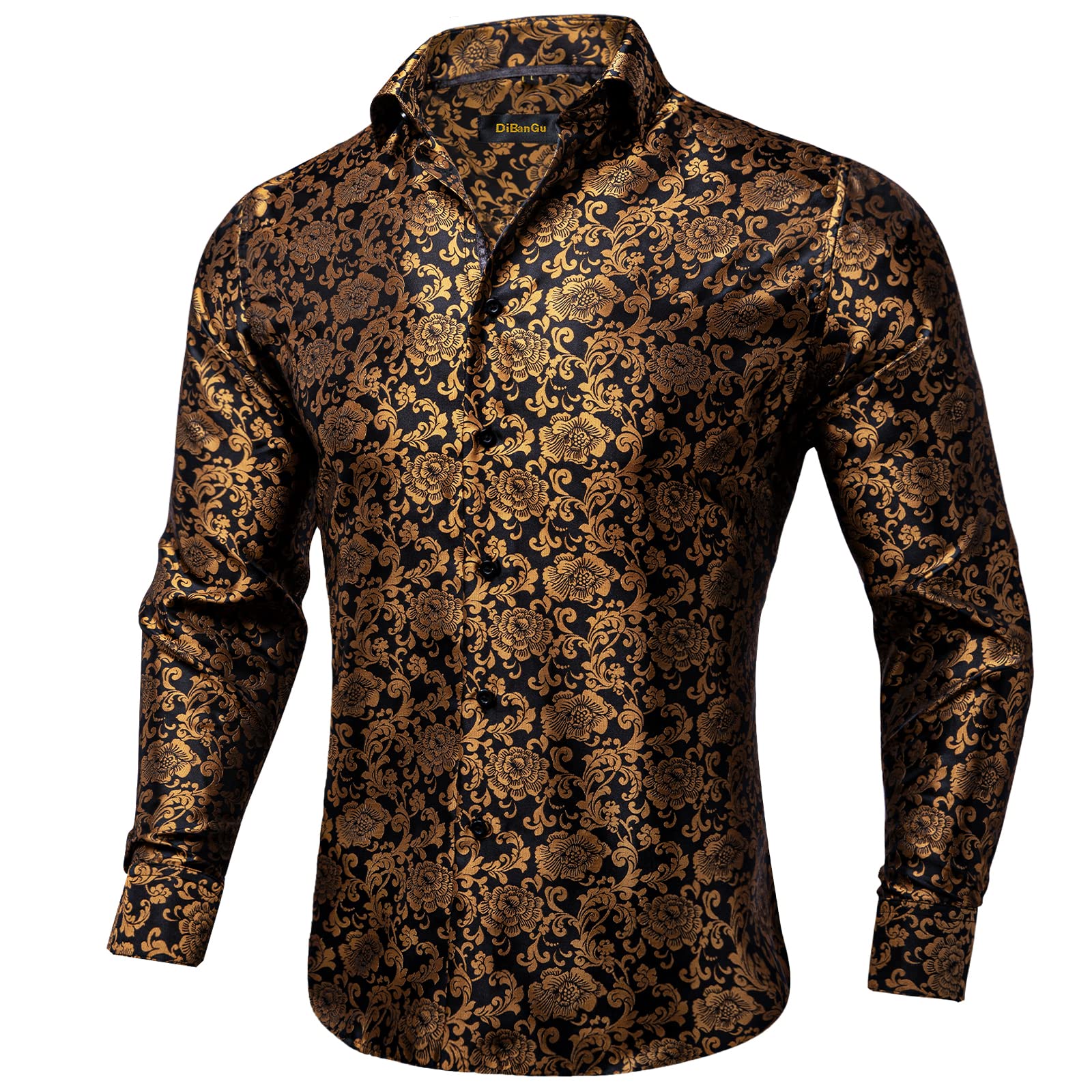 Men's Paisley Dress Shirt Long Sleeve Wrinkle Free Button Down Cowboy Shirts - Dark Black&gold&paisley